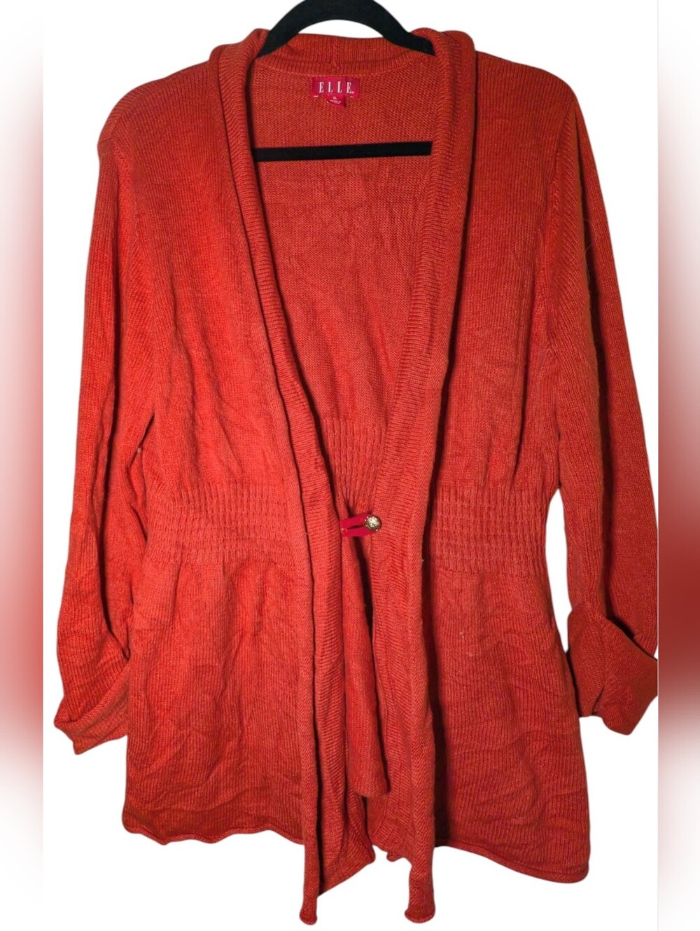ELLE Orange Cinched Waist Single Button Cardigan Sweater Size XL